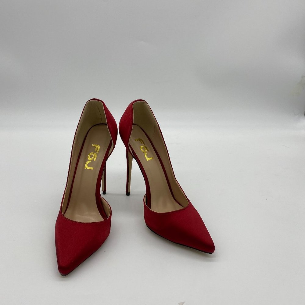 FSJ Red Satin Pointed Toe D'Orsay Stiletto Pumps
